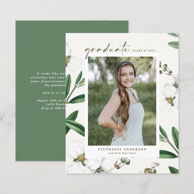 Vintage White Botanical Graduation Invitation (Front/Back)