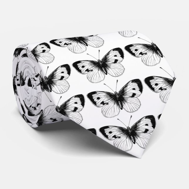 Vintage White Cabbage Butterfly Illustration Tie (Rolled)