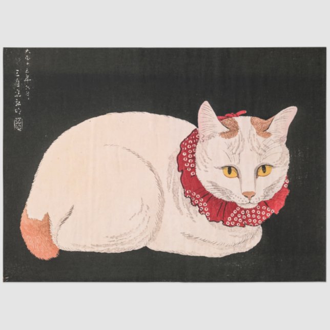 Vintage White Cat - Takahashi Shotei Decoupage  Tissue Paper (Front)