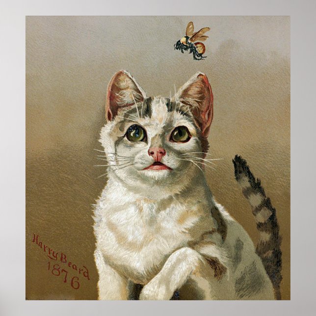 Vintage White Cat With Bee Art Poster (Front)