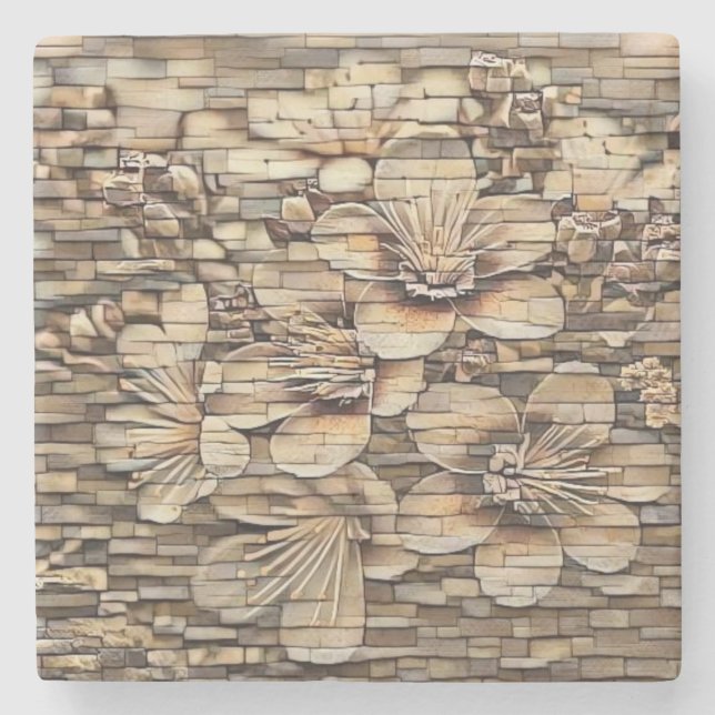 Vintage white cherry blossoms stone wall drawing   coaster (Front)