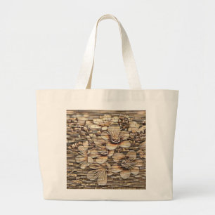 Vintage white cherry blossoms stone wall drawing large tote bag