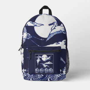 Vintage White Cranes on Dark Navy Blue  Printed Backpack