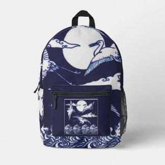 Vintage White Cranes on Dark Navy Blue  Printed Backpack