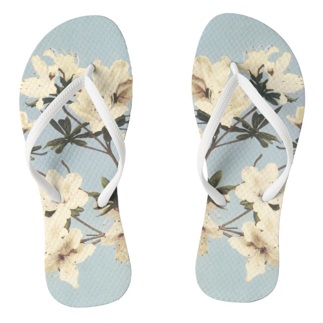 Vintage White Cream Azalea Flower Illustration Flip Flops (Footbed)