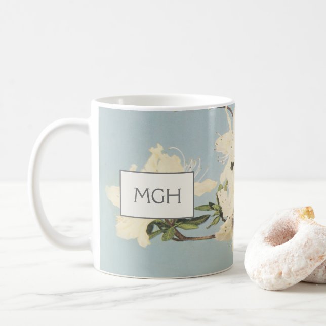 Vintage White Cream Azalea Flowers Monogram Coffee Mug (With Donut)
