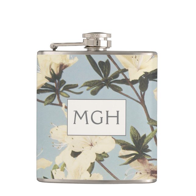 Vintage White Cream Azalea Flowers Monogram Hip Flask (Front)