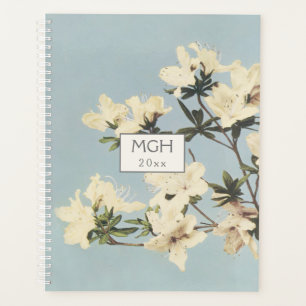 Vintage White Cream Azalea Flowers Monogram Planner