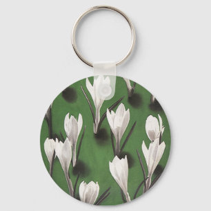 Vintage White Crocus Floral Pattern, Garden Flower Key Ring