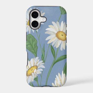Vintage White Daisies Floral Pattern Dusty Blue