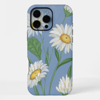 Vintage White Daisies Floral Pattern Dusty Blue iPhone 16 Pro Max Case