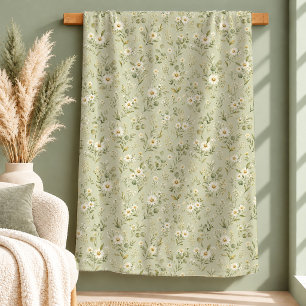 Vintage White Daisy Dusty Green Blanket Decor Art