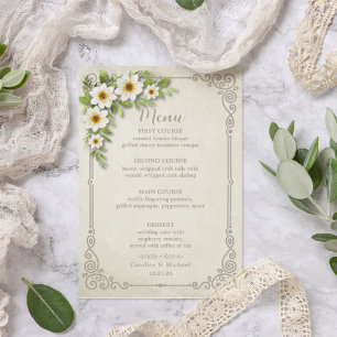 Vintage White Daisy Floral Romantic Rustic Wedding Menu