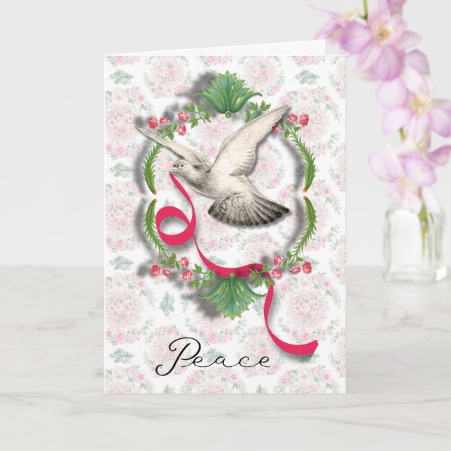 Vintage White Dove with Ribbon Greeting Card (Orchid)