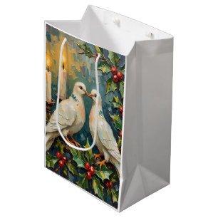 Vintage White Doves and Holly Garland Christmas Medium Gift Bag