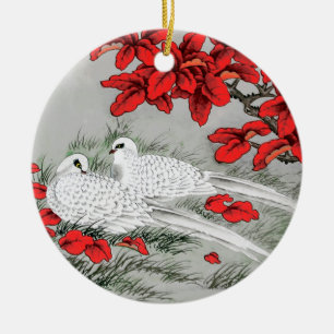Vintage White Doves and Red Leaves on Grey / Grey Ceramic Tree Decoration