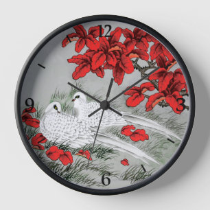 Vintage White Doves and Red Leaves on Grey / Grey Clock