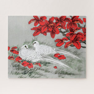 Vintage White Doves and Red Leaves on Grey / Grey  Jigsaw Puzzle