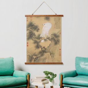 Vintage White Falcon on Pine Tree Chinese Art Hanging Tapestry
