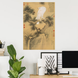 Vintage White Falcon on Pine Tree Chinese Art Poster