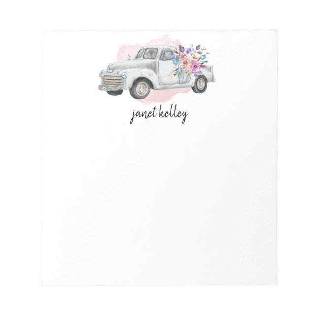 Vintage White Farm Truck and Flowers, Personalised Notepad (Front)