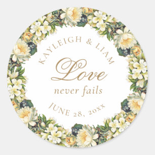 Vintage White Floral Bible Verse Wedding Classic Round Sticker