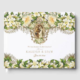 Vintage White Floral Catholic Wedding Guest Book