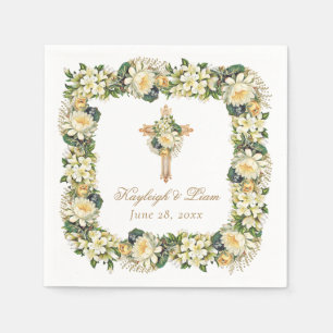 Vintage White Floral Cross Christian Wedding Napkin