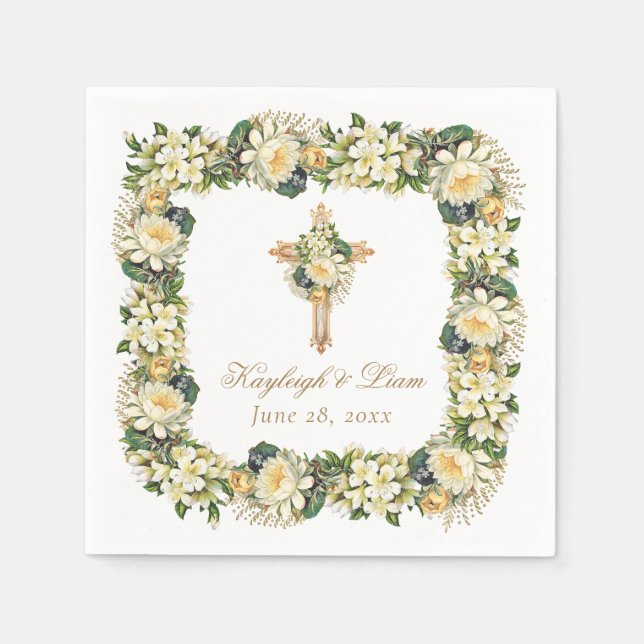 Vintage White Floral Cross Christian Wedding Napkin (Front)