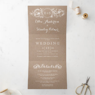 Vintage white floral frame, initials kraft wedding Tri-Fold invitation