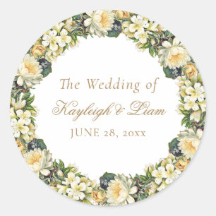 Vintage White Floral Gold Script Wedding Classic Round Sticker