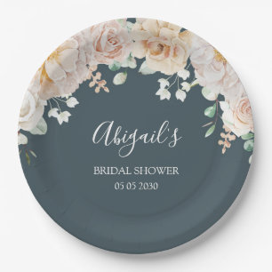 Vintage White Floral Navy Blue Bridal Shower Paper Plate