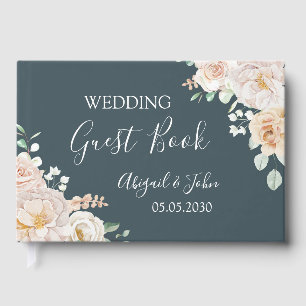 Vintage White Floral Navy Blue Wedding Guest Book