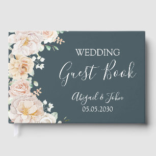 Vintage White Floral Navy Blue Wedding Guest Book
