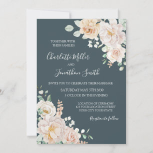 Vintage White Floral Navy Blue Wedding Invitations
