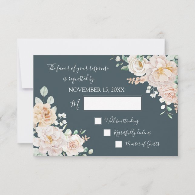Vintage White Floral Navy Blue Wedding RSVP (Front)