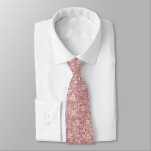 Vintage White Floral on Retro Dusty Rose Mauve Tie