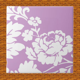 Vintage White Floral Silhouette on Lavender Tile