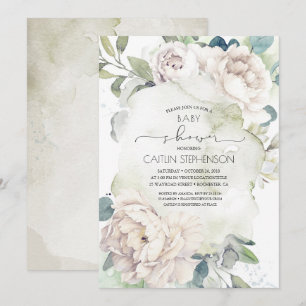 Vintage White Flowers and Greenery Baby Shower Invitation