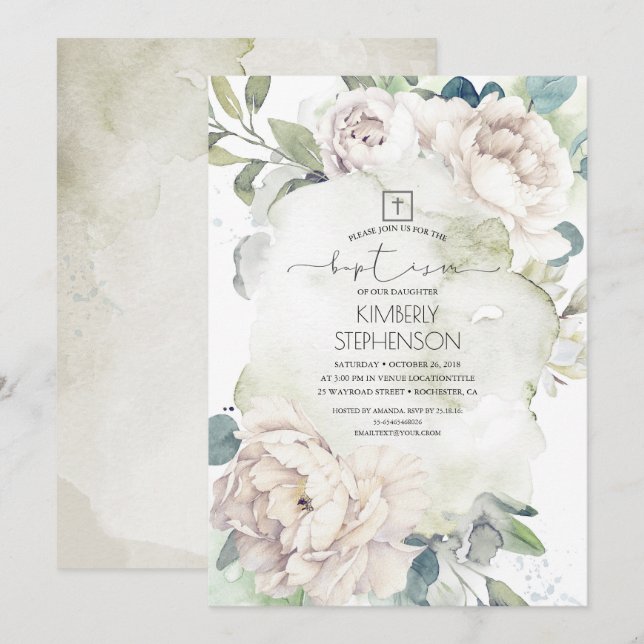 Vintage White Flowers and Greenery Baptism Invitation (Front/Back)