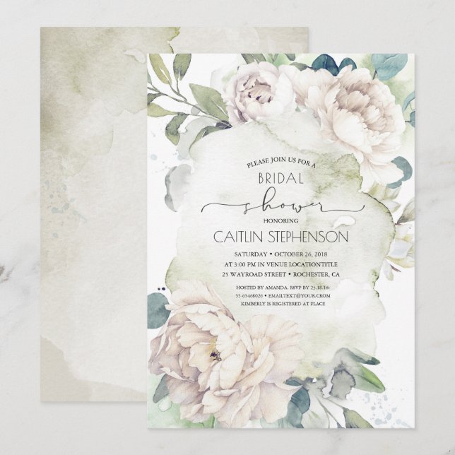 Vintage White Flowers and Greenery Bridal Shower Invitation (Front/Back)