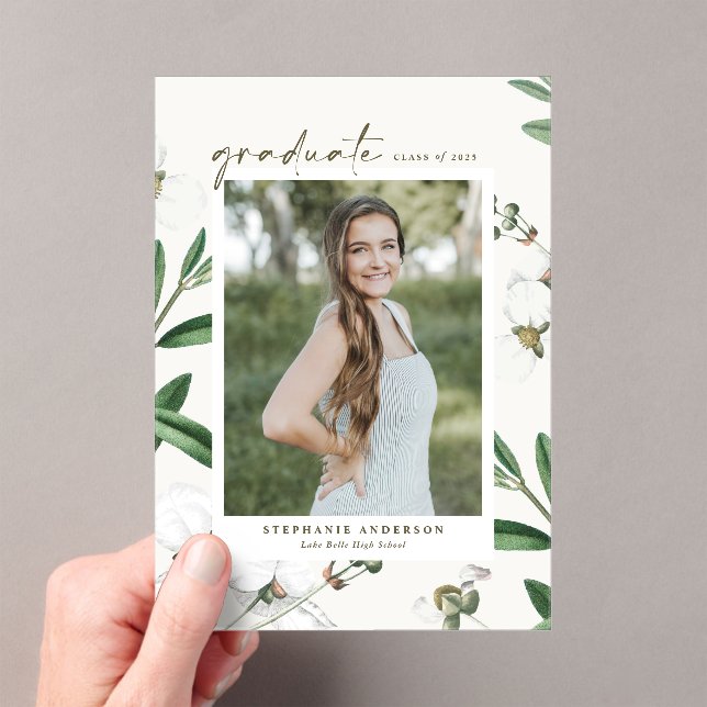 Vintage White Flowers Botanical Photo Graduation Acrylic Invitations (Insitu (Handheld))