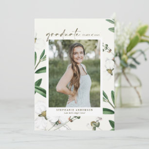 Vintage White Flowers Botanical Photo Graduation Announcement