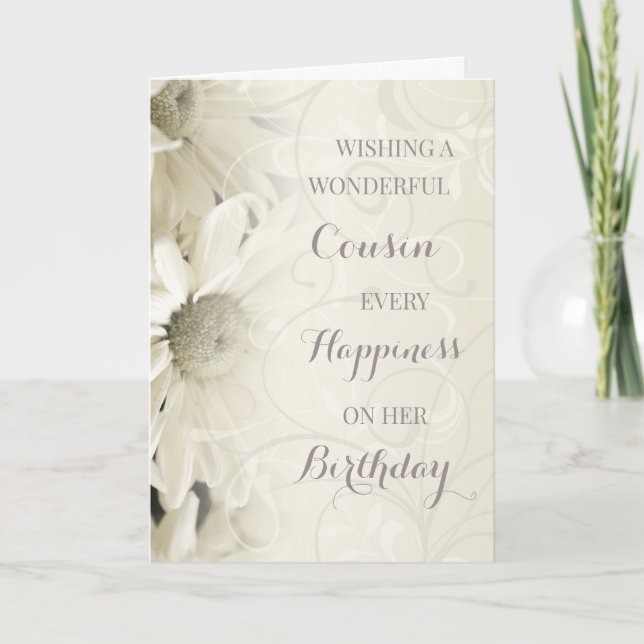Vintage White Flowers Cousin Birthday Card (Front)