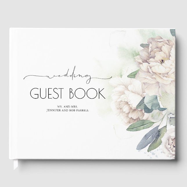 Vintage White Flowers Greenery Wedding Guest Book (Front)