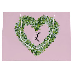 Vintage White Flowers Heart with Monogram and Text Large Gift Bag