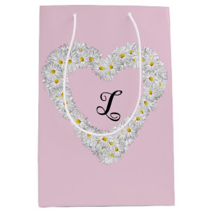 Vintage White Flowers Heart with Monogram  Medium Gift Bag