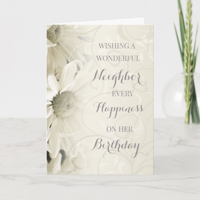 Vintage White Flowers Neighbour Birthday Card (Front)