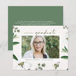 Vintage White Flowers Photo Graduation Invitation