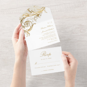 Vintage White Gold Damask Calligraphy Wedding All In One Invitation